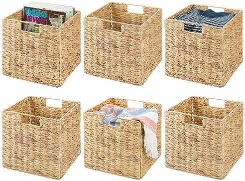mDesign Natural Woven Hyacinth Cube Organizer Basket with Handles, Storage for Bathroom, Laundry Room Shelf or Nursery - Perfect for Cubby Storage Units - Hold Blankets and Books - 6 Pack, Natural/Tan by mDesign