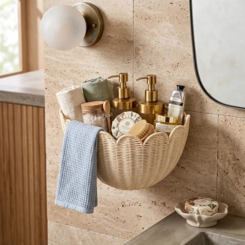 2 Pack Scalloped Wall Basket, Hanging Wicker Basket, Handwoven Wall Mounted Storage Basket（15.76 x 10 x 7 & 13.7 x 8 x 6 Inch）, for Bathroom Bedroom Kitchen Entryway Decor - Image 5