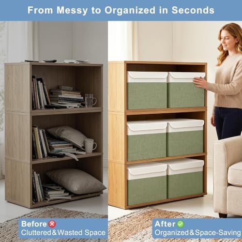 Large 17" 42 Quarts Collapsible Stackable Storage Bins with Lids [3-Pack] Foldable Fabric Linen Storage Boxes Cube, Closet Organizer Baskets with Label for Home (16.7 x 12 x 12", Green & White) - Image 2