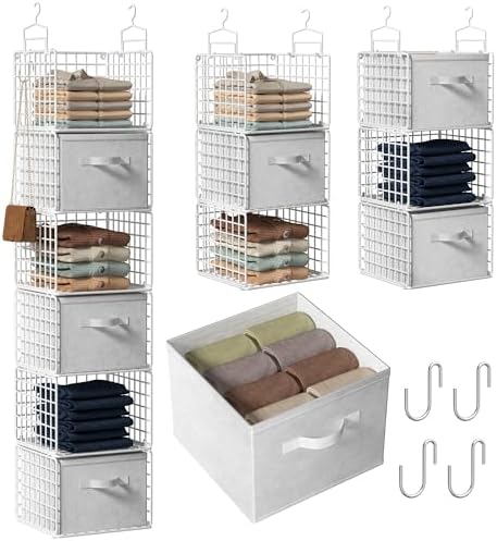 Closet Hanging Organizer with Drawers, 6 Tier Metal Closet Organizers and Storage with 4 Hanging Hooks 4 S-Hooks for Wardrobe Laundry Room, Wire Storage Shelf for Clothes Sweaters Pants (White) by Orapoke