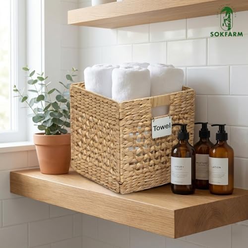Water Hyacinth Storage Baskets Set of 4, 12 Inch Woven Cube Bins for Shelf and Cubby Organizer, Wicker Baskets for Blankets Towels and Toys, Seagrass Organization Bins for Closet and Living Room - Image 7