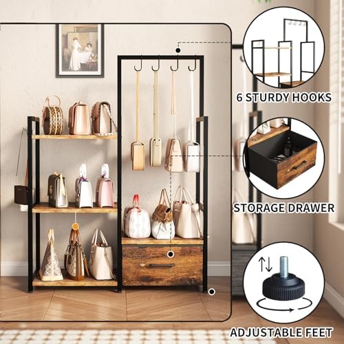 3-Tier Wooden Purse Display with Large Drawer & 6 Hooks - Image 5
