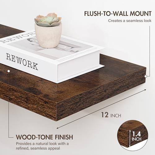 Acovy 12 Inch Floating Shelves, 12" Deep Floating Shelf Wall Mounted, 12" Wall Shelves, Rustic Deep Bookshelf, Extra Deeper Display Shelves & Storage Shelves for Bedroom, Living Room, Set of 3 - Image 3