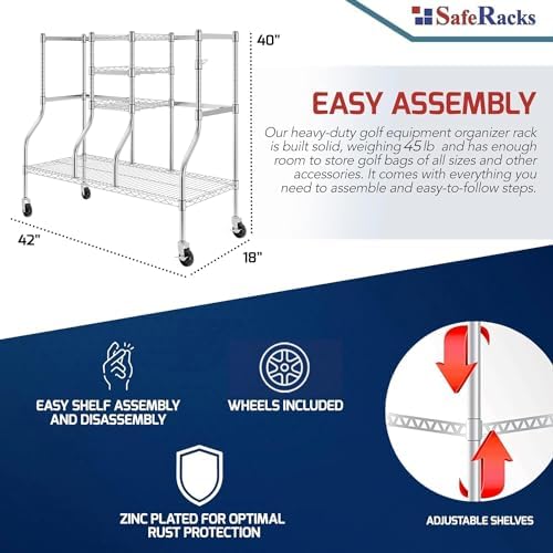 SafeRacks Golf Equipment Organizer Rack, Golf Bag Storage Rack for Garage, Fits 2 XL Bags & Accessories - Standard and Deluxe - Image 2