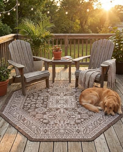 Rugs.com - Outdoor Aztec Rug – 5 Ft Octagon Brown Washable Indoor/Outdoor Rug – Perfect for Patios, Decks, Porches, and Outdoor Dining by Rugscom