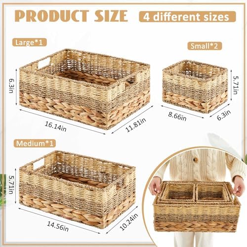 Suzile 4 Pack Wicker Storage Baskets, Water Hyacinth Seagrass, L M S - Image 2