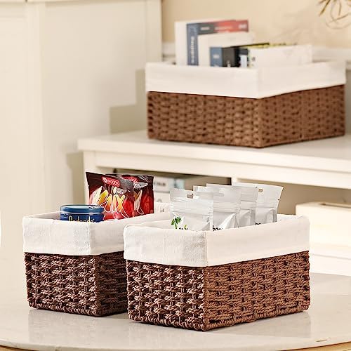 Vagusicc Wicker Basket, Set of 3 Hand-woven Storage Baskets for Organizing, Decorative Rectangle Wicker Storage Basket Bins with Handles, Small Toilet Paper Storage Baskets for Shelves & Decor, Brown - Image 4