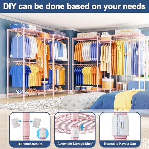 Ulif E12 Pro Clothes Rack，Heavy Duty Freestanding Garment Rack with Shelves，Metal Clothing Closet Storage System for Hanging Clothes，71" W x 16" D x 76.5" H, Hold 960 lbs，Pink - Image 4