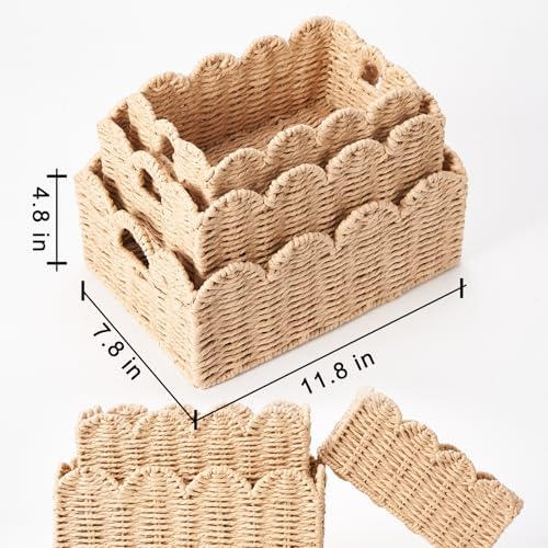 Scalloped Wicker Baskets Set of 3, Hand-Woven Storage with Handles - Image 7
