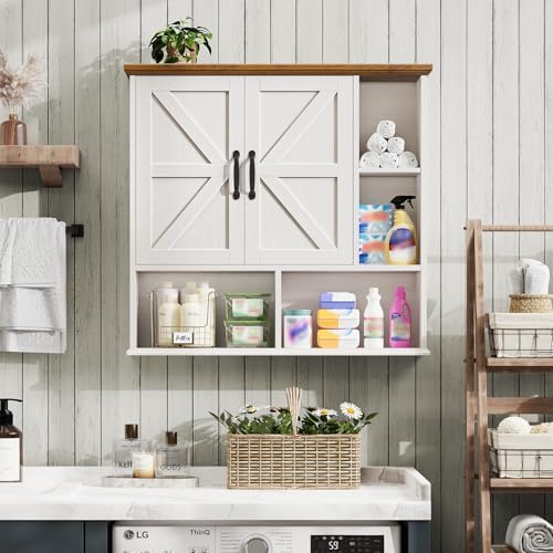 Bathroom Wall Cabinet, Farmhouse Medicine Cabinet with Doors, White & Brown - Image 4
