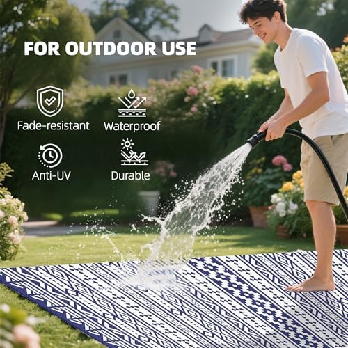 Outsunny Outdoor Rug for Patio Waterproof 9' x 18' Blue & White Geometric - Image 6