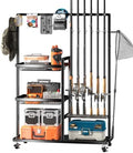 SOYEEZE Fishing Rod Holders for Garage,Fishing Gear Holder for Fishing Rod Tackle Box Storage，Fishing Pole Holders for 12 Rods with Hooks and Pegboard,Fishing Cart with 2 Baskets, Standard Size by SOYEEZE