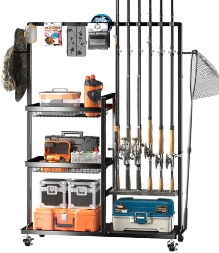 SOYEEZE Fishing Rod Holders for Garage,Fishing Gear Holder for Fishing Rod Tackle Box Storage，Fishing Pole Holders for 12 Rods with Hooks and Pegboard,Fishing Cart with 2 Baskets, Standard Size by SOYEEZE