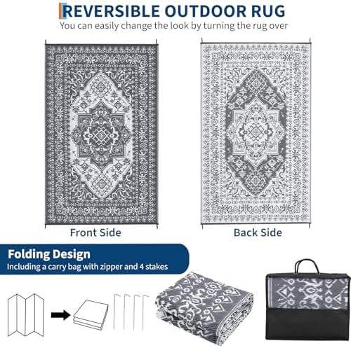 COZYLOOM Large Outdoor Rug 8x10 Patio Waterproof Reversible Mat Palm Retro Oriental Camping Rugs Indoor Outdoor Rugs Carpet Plastic Straw Rug for Deck Balcony Pool RV Camping, Grey and White - Image 3