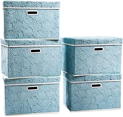 PRANDOM Large Collapsible Storage Boxes with Lids [5-Pack] Fabric Decorative Storage Bins Cubes Organizer Containers Baskets with Cover Handles for Bedroom Closet Nursery Blue 17.5x11.8x11.8 Inch by Prandom