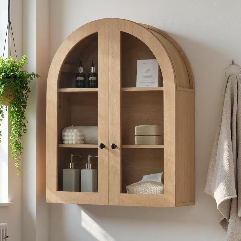 Bathroom Arched Wall Cabinet, 23.5'' Wide Medicine Cabinet, Bathroom Cabinet Wall Mount W/ Glass Doors & Adjustable Shelves, Over The Toilet Storage Cabinet for Laundry Room, Bedroom,Kitchen,Natural by Unknown