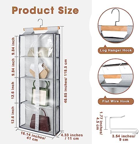 Silkfly 2 Pack Hanging Purse Organizer with Zipper for Closet Handbag Storage PVC Mesh Shelves with 4 Pockets for Bedroom Door Wardrobe Shelf Rack Space Saving(Gray) - Image 2