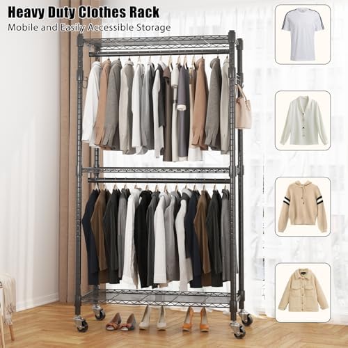 BATHWA Rolling Tall Garment Rack with 2 Rods & 3-Tier Adjustable Shelves, 35.5" W x 16.5" D x 80.7" H, Heavy Duty Clothes Hanging Racks Portable Wardrobe Closet Organizer for Bedroom, Laundry, Black - Image 4