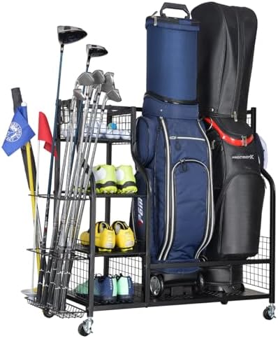 SNAIL Golf Bag Garage Storage Organizer Extra Large Size Golf Bag Rack Stand Holder Fits 2 Golf Bags and Other Golfing Equipment Accessories, Metal Black Golf Club Storage for Garage Shed and Basement by SNAIL