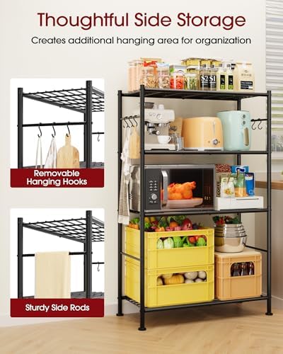Sakugi 4-Tier Storage Shelves with 6 Hooks, 33.2" x 12.7" x 57.3", Black - Image 5