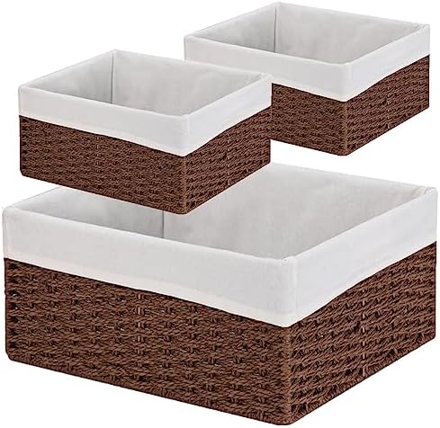 Vagusicc Wicker Basket, Set of 3 Hand-woven Storage Baskets for Organizing, Decorative Rectangle Wicker Storage Basket Bins with Handles, Small Toilet Paper Storage Baskets for Shelves & Decor, Brown by Vagusicc
