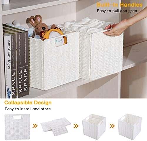 Vagusicc Wicker Storage Basket, Set of 2 Hand-Woven Storage Baskets for Organizing, Foldable Cube Storage Bins, 11 Inch Wicker Storage Baskets for Shelves and Decor, Square Closet Organizer, White - Image 3