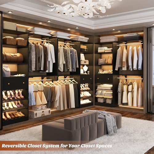 Closet System with Drawer - Reversible 5FT Wood Closet Organizer System with 2 Hanging Rods and Adjustable Shelf, Walk In Closet Organizers with Shoe Rack, Built-In Garment Rack Clothes Rack, Black - Image 4