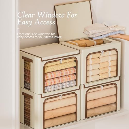 Yecaye Foldable Large Clothes Storage Bins with Lid, Beige, 66L, 3 Pack - Image 5