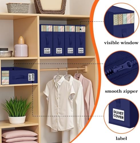 WOWBOX Sheet Organizers and Storage,Closet Bed Sheet Organizer Under Bed Storage and Organization with Label Cards & Clear Window for Bedding Sheets,Duvet Covers,Blankets (10 Pack，Blue) - Image 2
