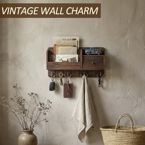 Rebee Vision Pine Wood Key Holder Wall Mount with Mail Sorter, Retro Brown - Image 6