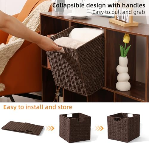 12x12x12 Inch Wicker Storage Basket, Set of 2 Hand-Woven Paper Rope Wicker Baskets, Foldable Cube Storage Bins, Brown Storage baskets Cubes, Square Baskets for Organizing Shelves Decor - Image 5