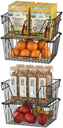 Slideep Wire Storage Baskets for Organizing, 4 Pack 14'' Stacking Metal Wire Freezer Organizer Bins with Handles, Large Pantry Baskets for Kitchen Cabinets, Bathroom, Laundry, Garage, Black - Image 2