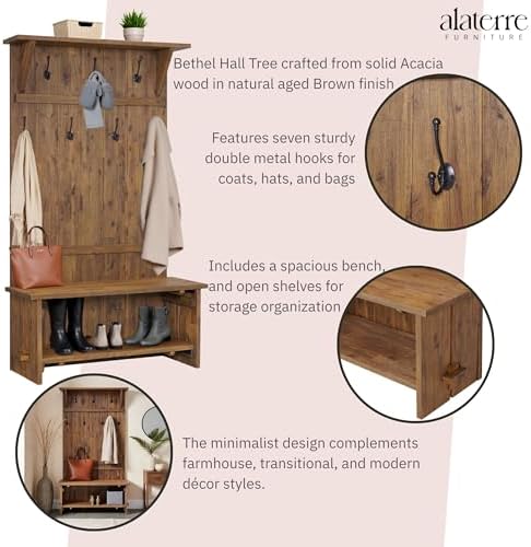 Alaterre Bethel Rustic Solid Wood Entryway Hall Tree with Bench, Natural - Image 4