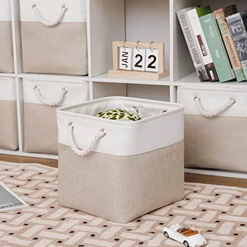 MidmmVick 11 x 11 Inch Cube Storage Bins, 6 Pack Large Collapsible Fabric Storage Bin with Ropes, Foldable Storage Cubes for Home, Office,Closet, Clothes, Toys Organizer (White & Beige-11"x11"x11") - Image 3