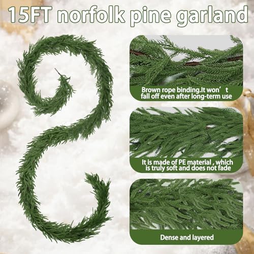 Deckit 15FT Christmas Garland with Lights 100LED Timer, Real Touch Norfolk Pine Garland +DIY Kit & Storage Bag for Mantle Stairs Railing Table Fireplace Wall Indoor Outdoor Holiday Decoration - Image 6