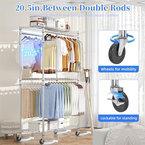 Simple Trending Heavy Duty Clothes Rack Clothing Rack with Wheels and 4 Hanging Rods, Adjustable Rolling Garment Racks, Load 560 LBS, Chrome - Image 6