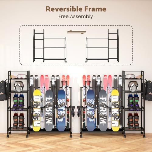 Kikihouse 4-Tier Freestanding Snowboard Rack for 4 Pairs of Skis, 3 Snowboards, Boots, Poles, Goggles, Helmets, Ski Storage Rack with Adjustable Shelves, Snowboard Stand for Home, Garage - Image 6