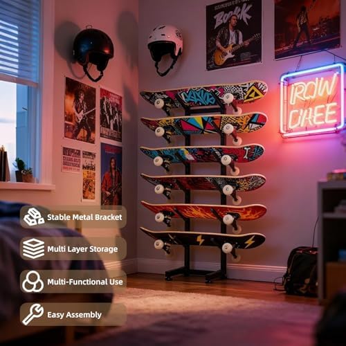 6-Tier Skateboard Racks Floor Stand, Black - Image 3