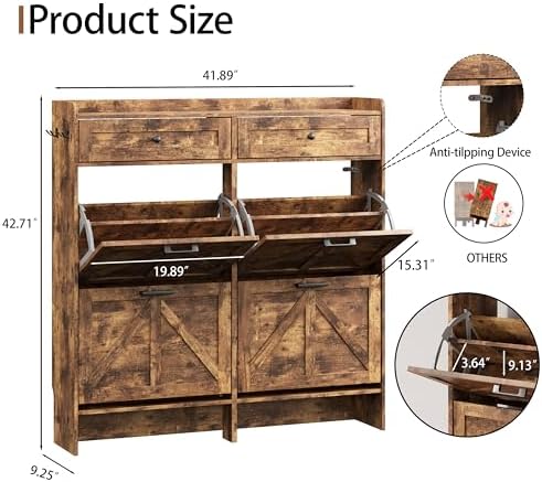 Shoe Cabinet with 4 Flip Drawers & 2 Top Drawers, 43" Tall Freestanding Narrow Wooden Shoe Storage Organizer for Entryway, Hidden Slim Shoe Rack for Front Door Entrance, Hallway, Living Room, Brown - Image 2