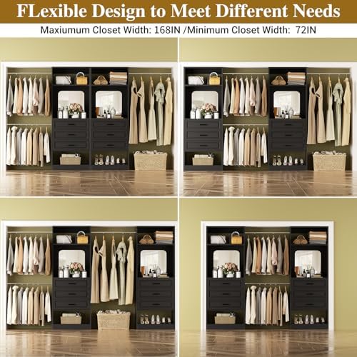 Unikito 6-14FT Wood Closet System with 6 Drawers and Mirror, Black - Image 4