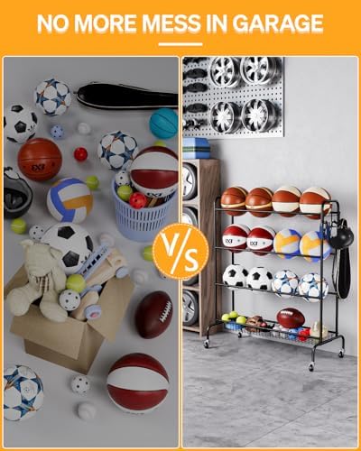 EXTCCT Basketball Rack with Wheels, 4 Tier Garage Ball Storage Organizer - Image 5
