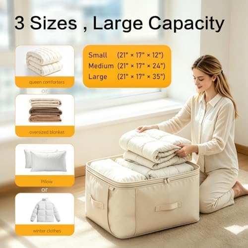 Comforter Storage Bag, Large Capacity Blanket Storage Bags 2-Layer Ultra Space Saving Self Compression Organizer, Heavy Duty Space Saver Organizer for Bedding, Clothes, Blanket, 6-Pack, Beige - Image 5