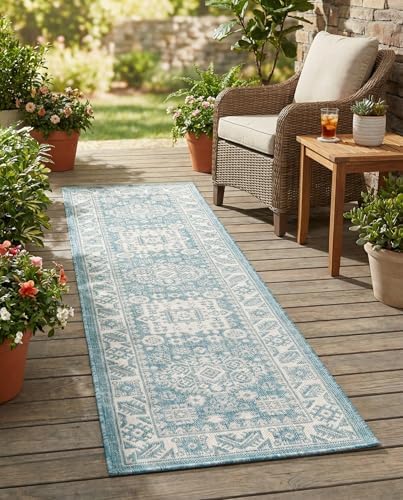 Rugs.com - Outdoor Aztec Rug – 8 Ft Runner Aqua Washable Indoor/Outdoor Rug – Weather Resistant Flatweave for Patios, Decks, Porches, and Outdoor Walkways by Rugscom