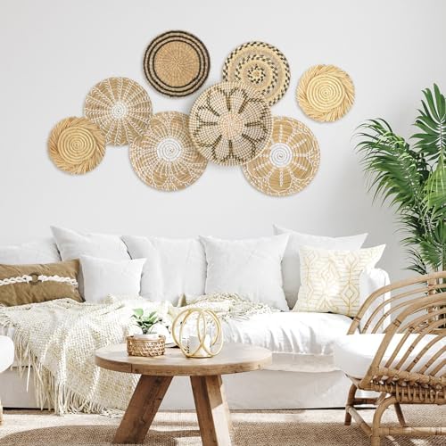 Xuhal 8 Pcs Boho Wall Basket Decor Decorative Bulrush Woven Basket Wall Decor Rustic Farmhouse Hanging Baskets for Kitchen Rustic Home Summer Decorations - Image 3