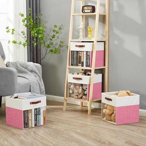 Bagnizer Storage Cubes, 4 Pack Linen Foldable Storage Bins with Clear Window and 2 Handles, 13x15x13 Storage Cube Bins for Shelf Closet, Kallax, Clothes, Books - (Pink / Off-White) - Image 3