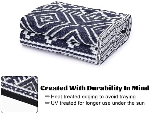 Reversible Mat 8x10 Plastic Straw Rug Outdoor Rug Bohemian Area Rug Waterproof Patio Rug Outdoor Camping Rug for RV Porch Deck Camper Balcony Backyard Easy Cleaning Picnic Mat Navy White - Image 4