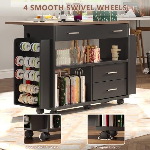 Gift Wrap Storage Cart with Foldable Drop Leaf, Crafting Table with Storage - Image 6