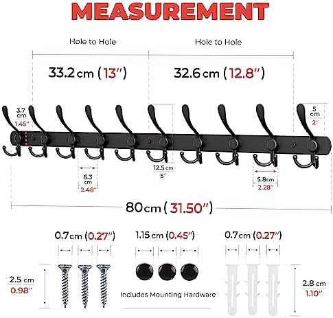 Coat Rack Wall Mount with 10 Tri Hooks – 32 Inch Stainless Steel Coat Hook Rack, Heavy Duty Wall Mounted Organizer for Coats, Hats, Towels, Robes, Bags, Scarves, Entryway, Bathroom - Black 2 Pack - Image 2
