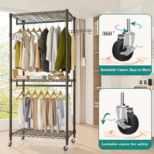 Heavy Duty Rolling Garment Rack, 3 Tiers Wire Shelves Adjustable Freestanding Portable Rolling Clothing Rack with Lockable Wheels, 35.4''L x 15.8''W x 78.8''H, Max Load 420LBS - Image 3