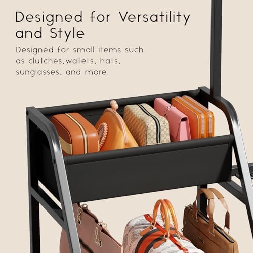 Homsorout Purse Organizer for Closet - Purse Rack Stand with 12 Hooks, 2 Wooden Shelves Purse Storage for Closet, Large Capacity Backpack Storage, Handbag Organizer for Home, Living Room, Black - Image 3